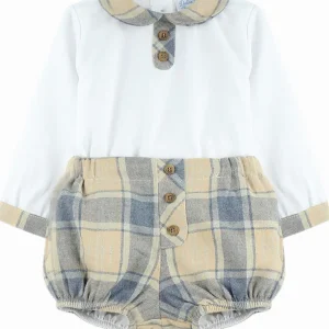 Ensemble bébé garçon blouse à col rond et bloomer – Bleu/beige