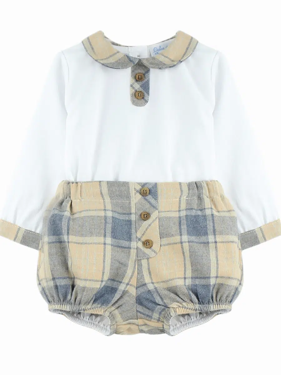 Ensemble bébé garçon blouse à col rond et bloomer – Bleu/beige