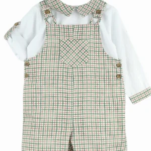 Ensemble chemise et salopette bébé à petits carreaux – Vert/rouge