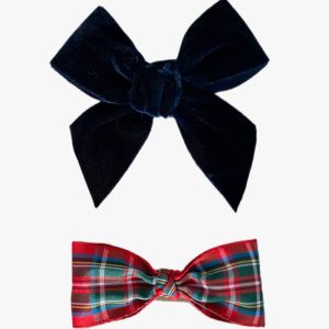 Lot de 2 barrettes à noeud – Bleu marine/écossais rouge