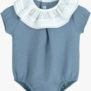 Barboteuse bébé fille en coton et lin – Bleu