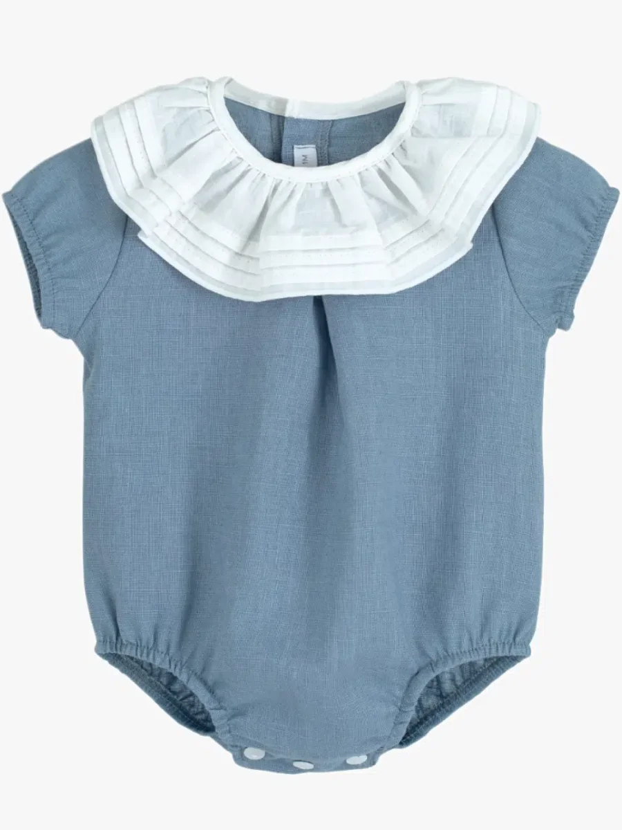 Barboteuse bébé fille en coton et lin – Bleu