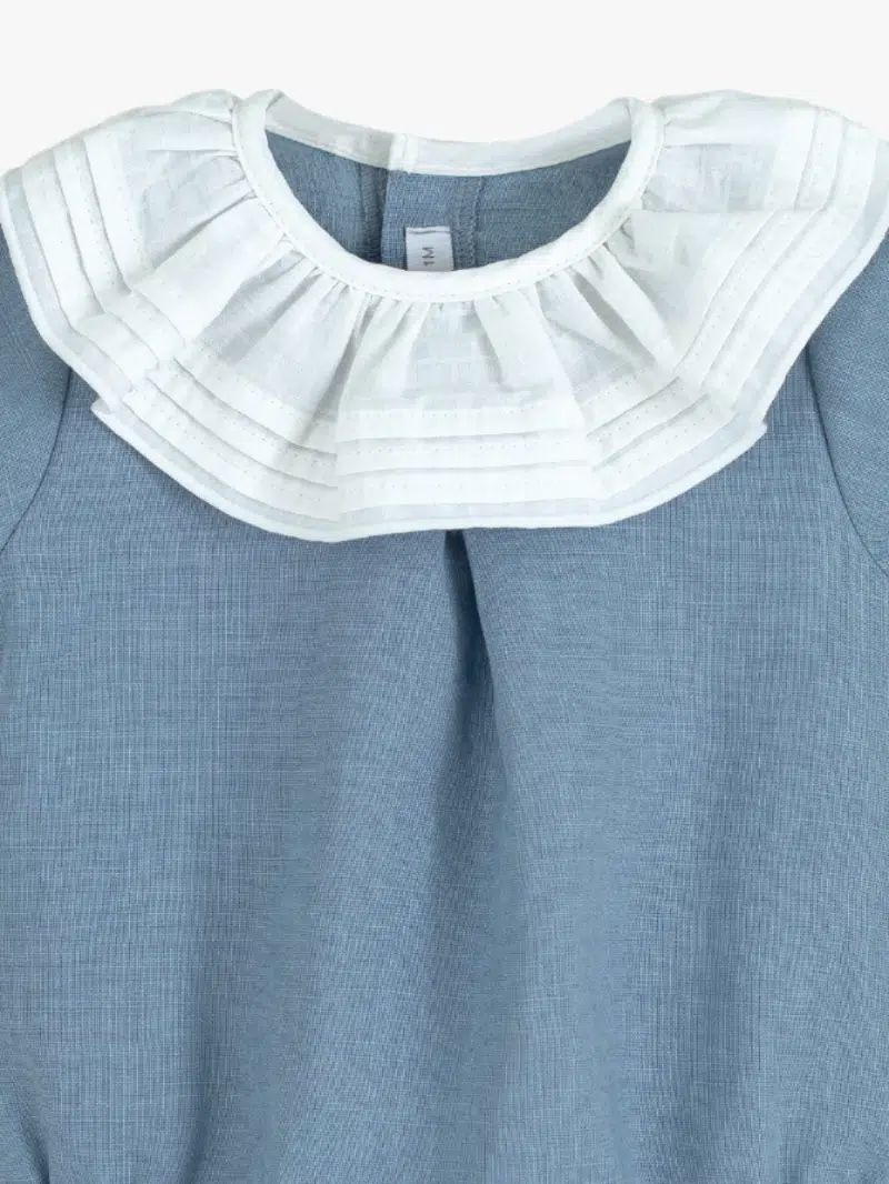 Barboteuse bébé fille en coton et lin – Bleu – Image 3