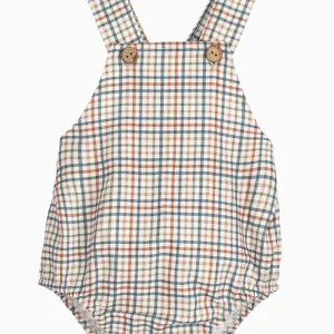 Barboteuse bébé à bretelles et carreaux – Bleu/vert