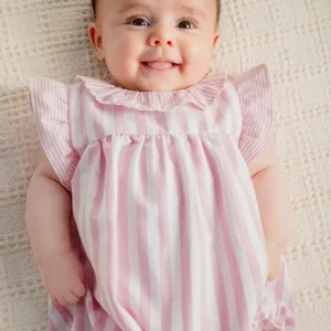 Barboteuse rayée à manches volantées – Rose/blanc