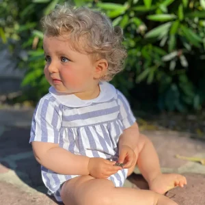 Barboteuse bébé mixte à grosses rayures – Bleu/blanc