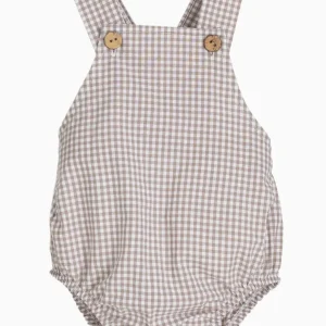 Barboteuse bébé à bretelles croisées vichy – Beige