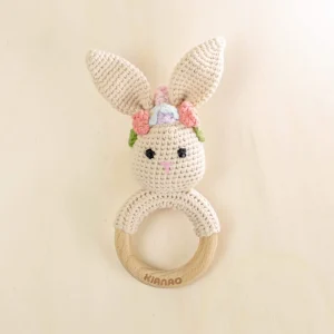 Bunny Teething Rattle Wooden Ring Sensory Toy