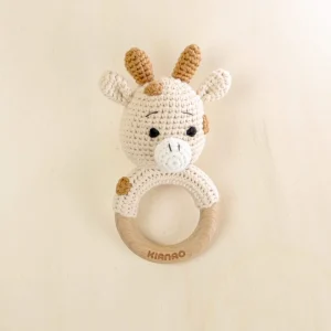 Crochet Deer Rattle Teething Toy | Organic Cotton Baby Teether Ring