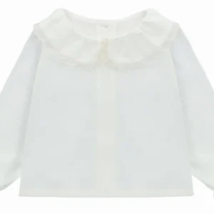 Blouse fille col froncé et dentelle – Blanc