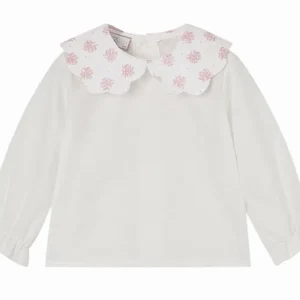 Blouse bébé fille à col fantaisie plumetis – Blanc