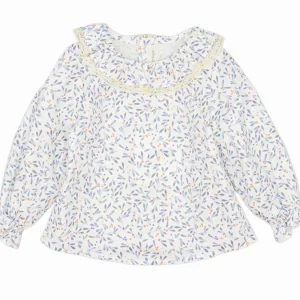 Blouse fille à col dentelle et imprimé bleu – Blanc
