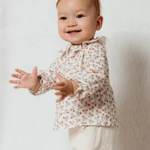 Blouse fille à col dentelle et imprimé fleuri – Crème