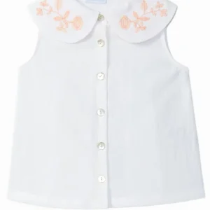 Blouse sans manches fille à col brodé – Blanc