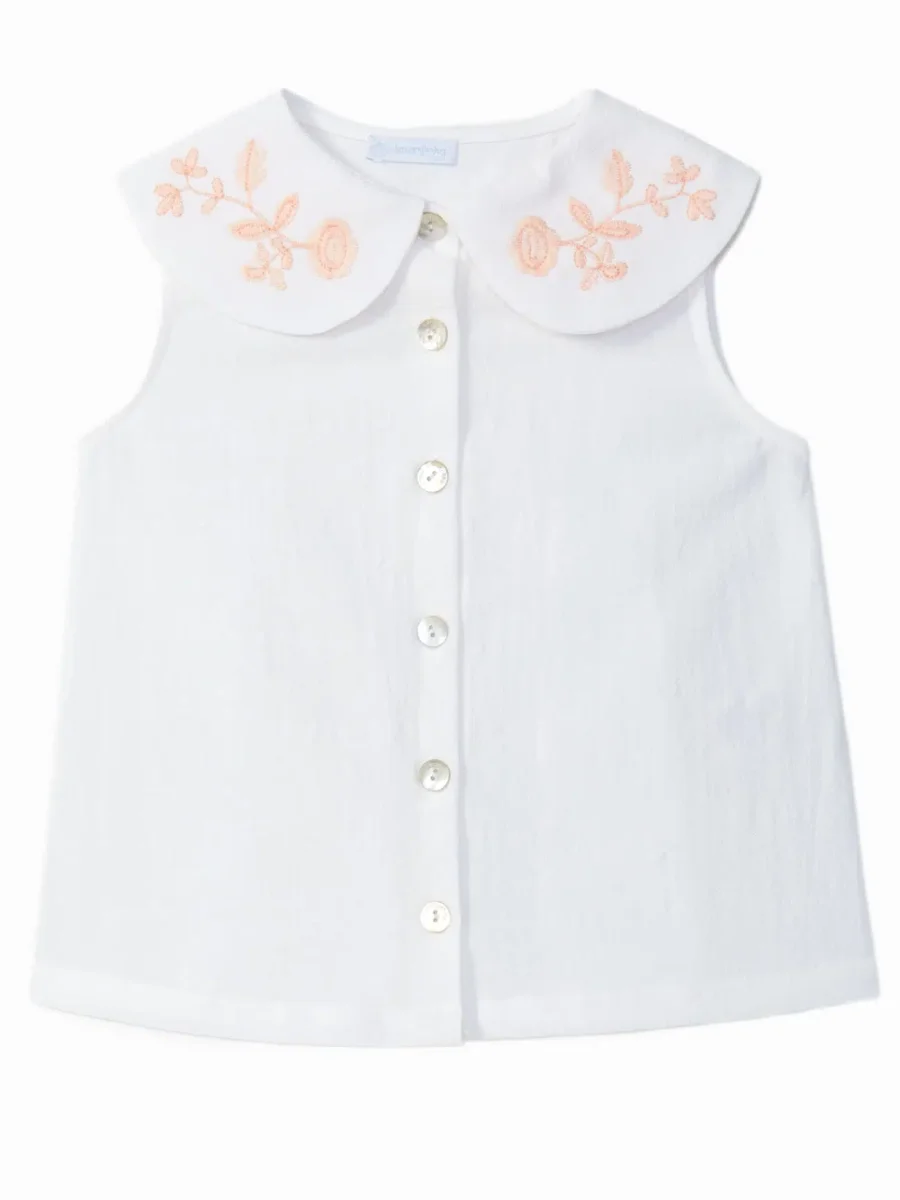 Blouse sans manches fille à col brodé – Blanc