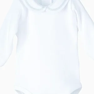 Body bébé manches longues à col rond brodé bleu ciel – Blanc