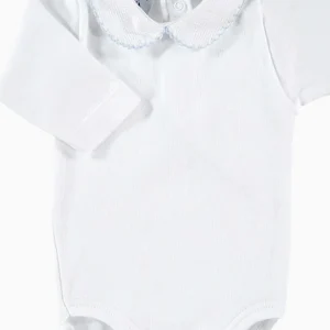 Body bébé à col rond texturé et liseré bleu – Blanc