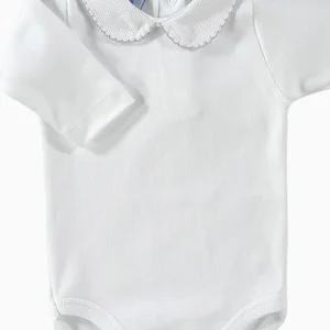 Body bébé à col rond texturé et liseré gris – Blanc