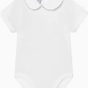 Body bébé manches courtes à col rond texturé et liseré gris – Blanc