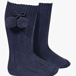 Chaussettes bébé hautes à pompons en coton chaud – Bleu marine