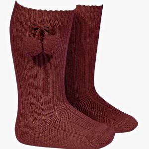 Chaussettes bébé hautes à pompons en coton chaud – Bordeaux