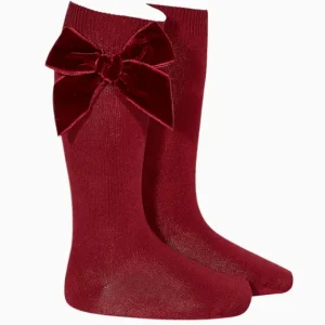 Chaussettes hautes bébé fille à noeud velours – Bordeaux