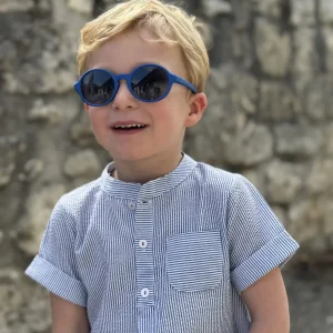 Chemise garçon manches courtes à col mao rayée – Bleu ciel/blanc