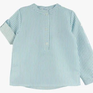 Chemise garçon à col mao rayée – Bleu ciel/blanc