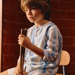 Chemise garçon à rayures texturées – Blanc/bleu