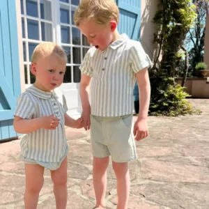 Ensemble garçon chemise et short en coton et lin – Gris pâle