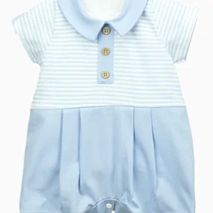 Combishort naissance garçon à col – Bleu ciel/blanc