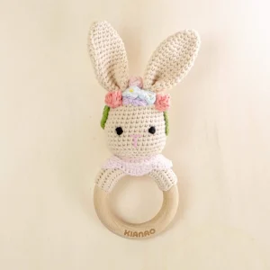 Crochet Bunny Rattle Teething Toy | Organic Cotton Baby Teether Ring