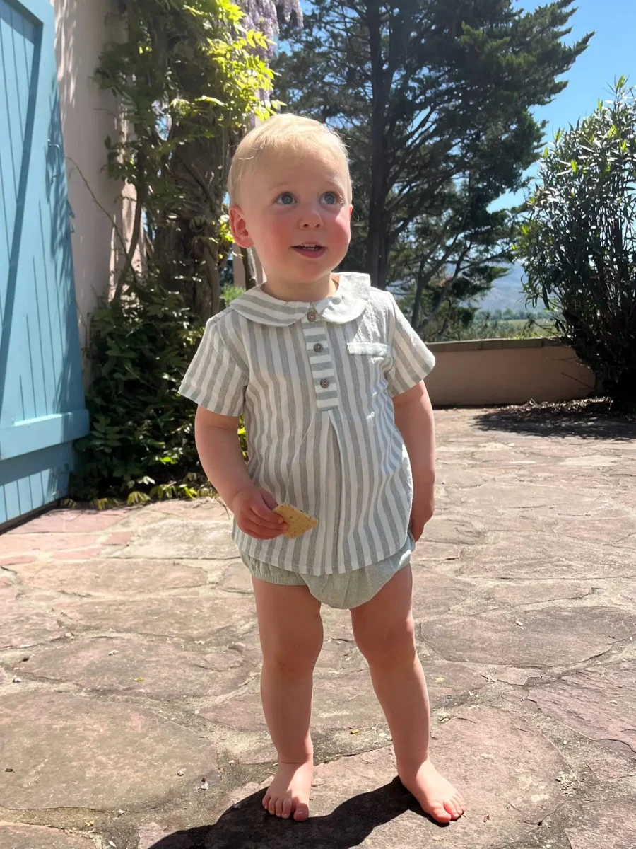 Ensemble bébé blouse et bloomer en coton et lin – Gris pâle – Image 2