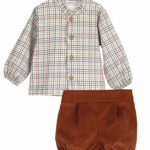 Ensemble bébé garçon chemise carreaux et bloomer – Marron