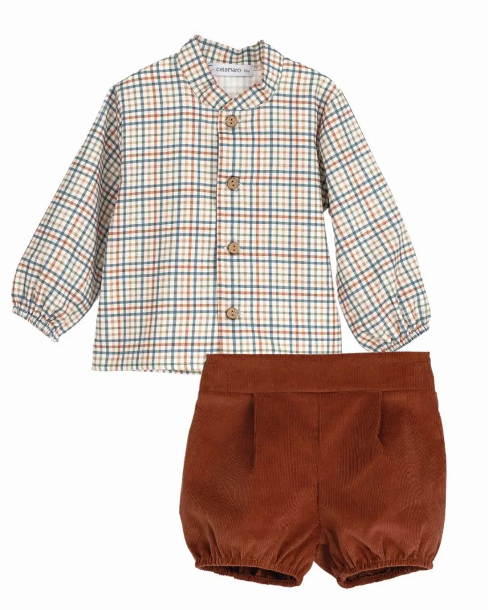 Ensemble bébé garçon chemise carreaux et bloomer – Marron