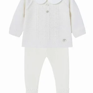 Ensemble bébé pull en laine et pantalon à pieds point mousse – Crème