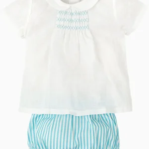 Ensemble bébé blouse à smocks et bloomer rayé – Turquoise