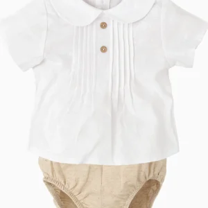 Ensemble blouse et bloomer bébé en lin et coton – Beige