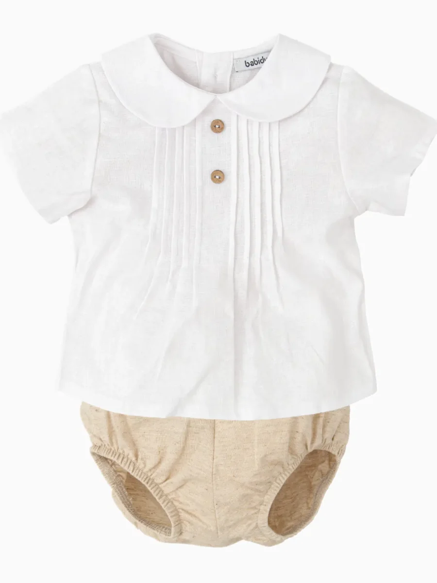 Ensemble blouse et bloomer bébé en lin et coton – Beige