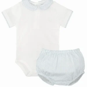 Ensemble body à col rayé et bloomer assorti – Bleu/blanc