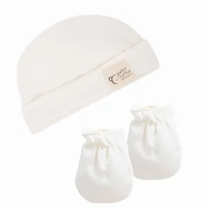 Ensemble bonnet et moufles en coton bio – Crème