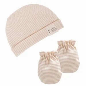 Ensemble bonnet et moufles en coton bio – Sable rayé
