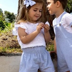 Ensemble fille short rayé et blouse volantée – Bleu/blanc