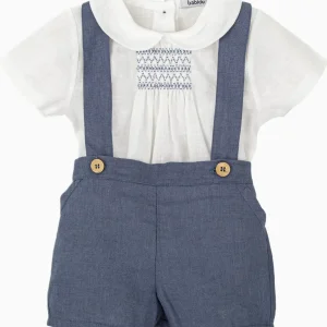 Ensemble garçon short à bretelles et blouse à smocks – Bleu/blanc