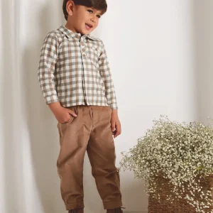 Ensemble garçon chemise à carreaux et pantalon – Vert/camel