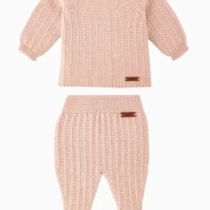 Ensemble naissance tricoté en laine mérinos – Rose