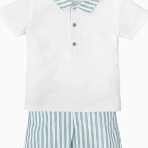 Ensemble polo et short rayé – Bleu méditerannée/blanc