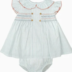 Ensemble robe rayée à smocks et bloomer – Bleu/blanc