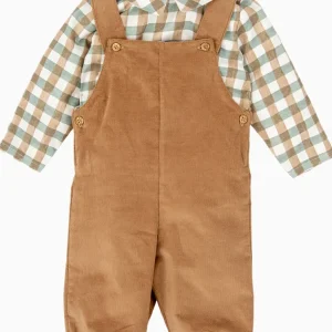 Ensemble salopette et blouse à carreaux – Vert/camel