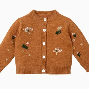 Gilet bébé fille à fleurs brodées – Ocre